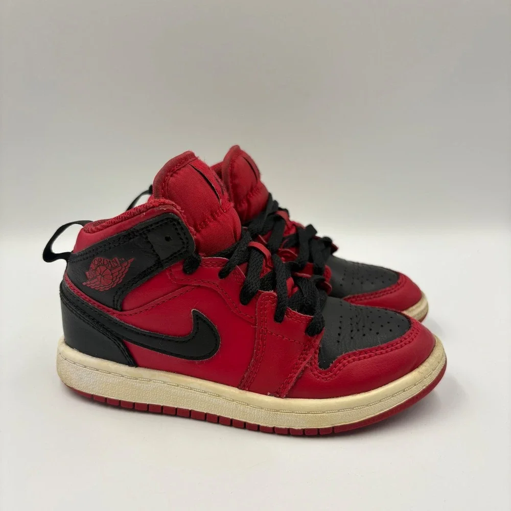 Nike Air Jordan 1 Mid‎ Bred Kids Red Black Sneakers 640734-660